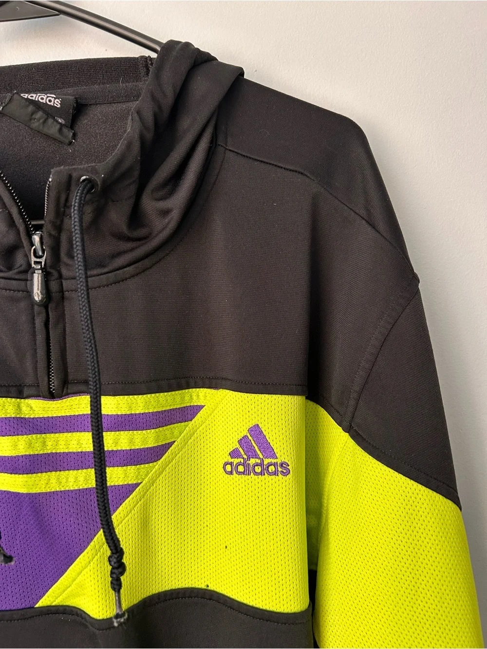 adidas Hoodie Mens Colorblock Black Purple Neon Yellow 1/4 Zip Pullover Athletic